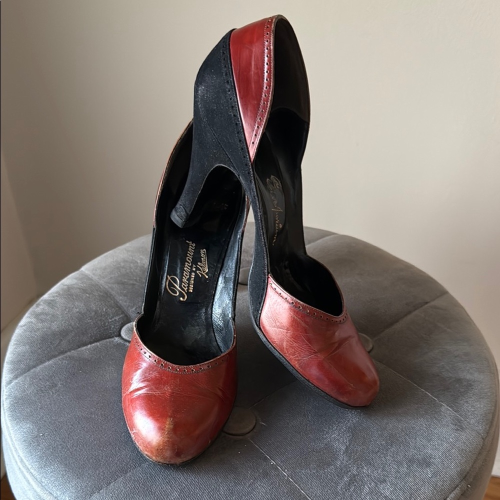 Elegant 1940s Brown Leather & Black Suede Women's Heels